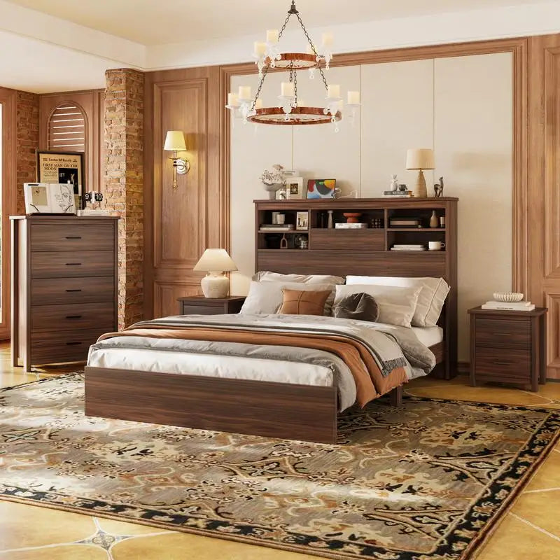 General Use 4 Piece Bedroom Set With Wooden Bed Frame And Storage Nightstands