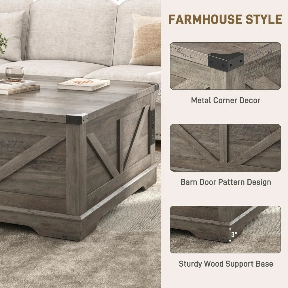 Multi-Fun Farmhouse Lift Top Coffee Table With Power Outlets