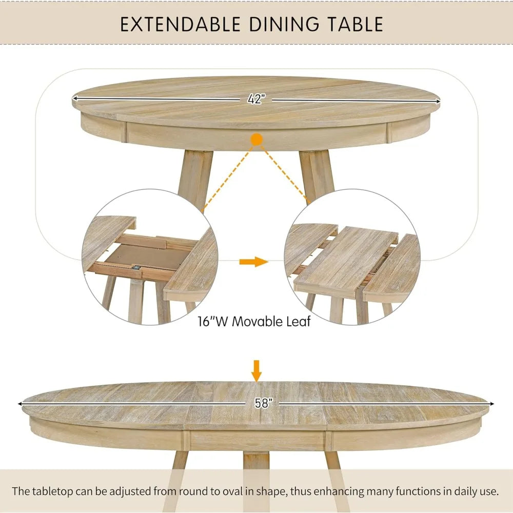 MKDK 5 Piece Round Dining Table Set With Extendable Leaf