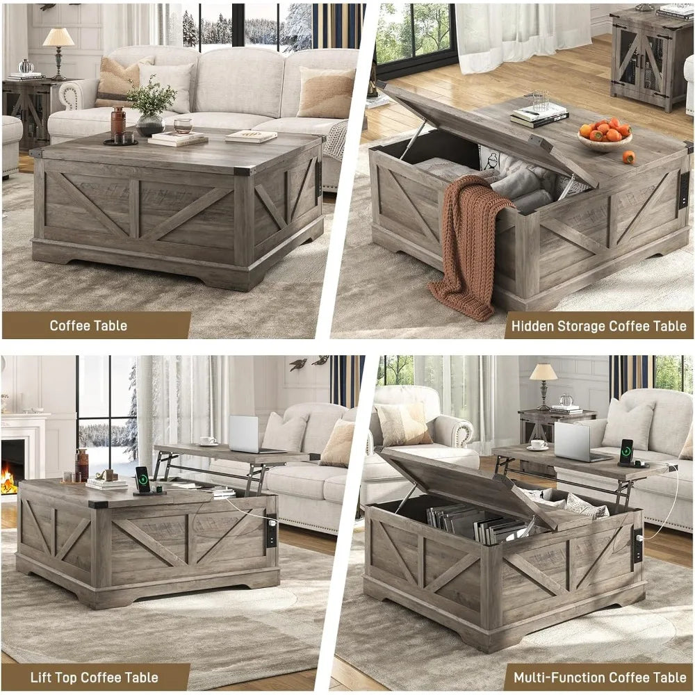 Multi-Fun Farmhouse Lift Top Coffee Table With Power Outlets