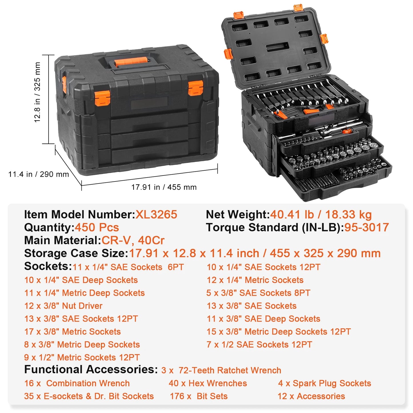 SucceBuy Mechanics Tool And Socket Set 450-Piece SAE Metric Kit