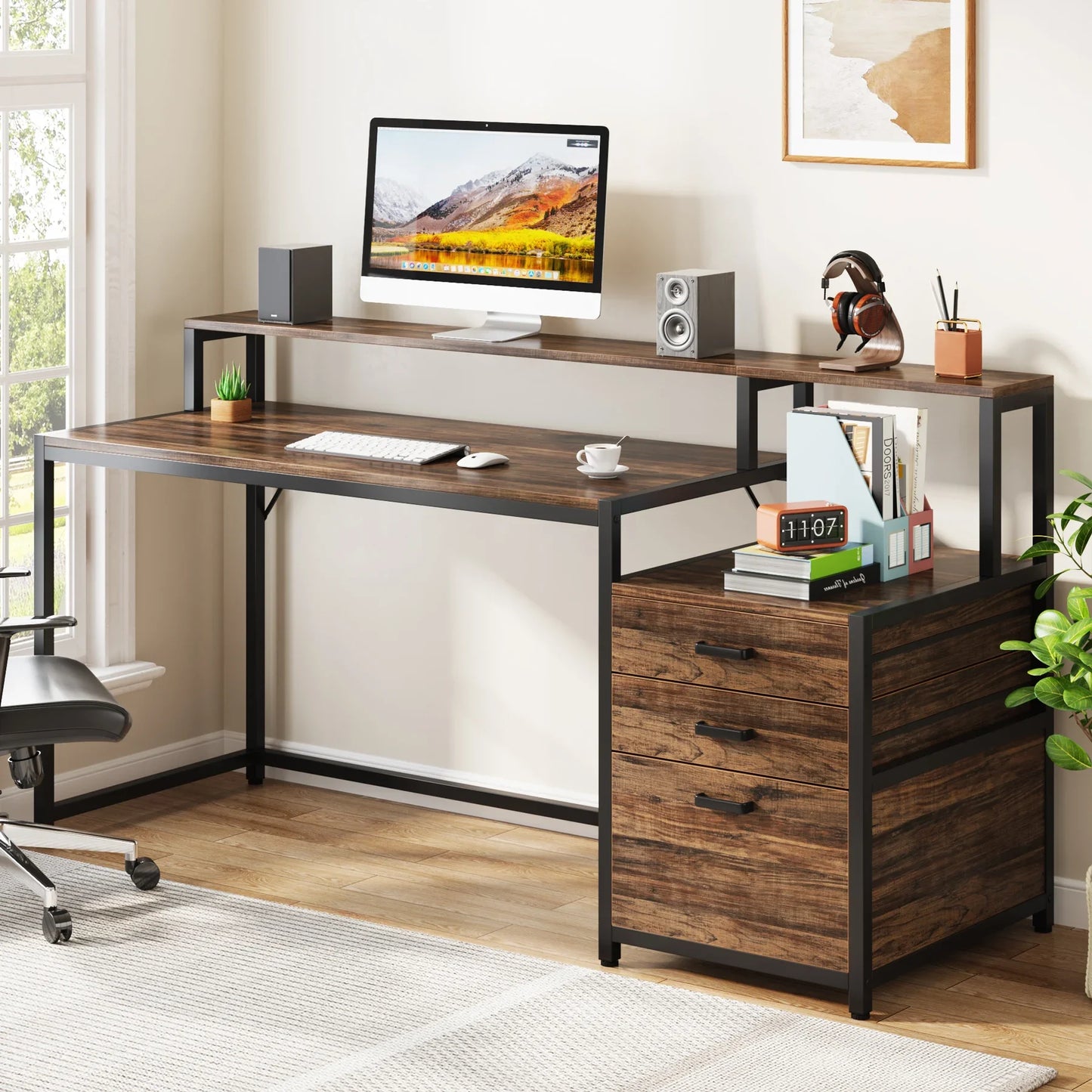 Tribesigns Ergonomic Computer Desk With File Drawer Cabinet And Monitor Stand