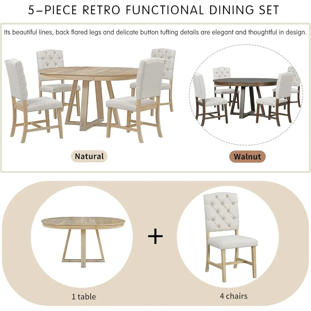 MKDK 5 Piece Round Dining Table Set With Extendable Leaf