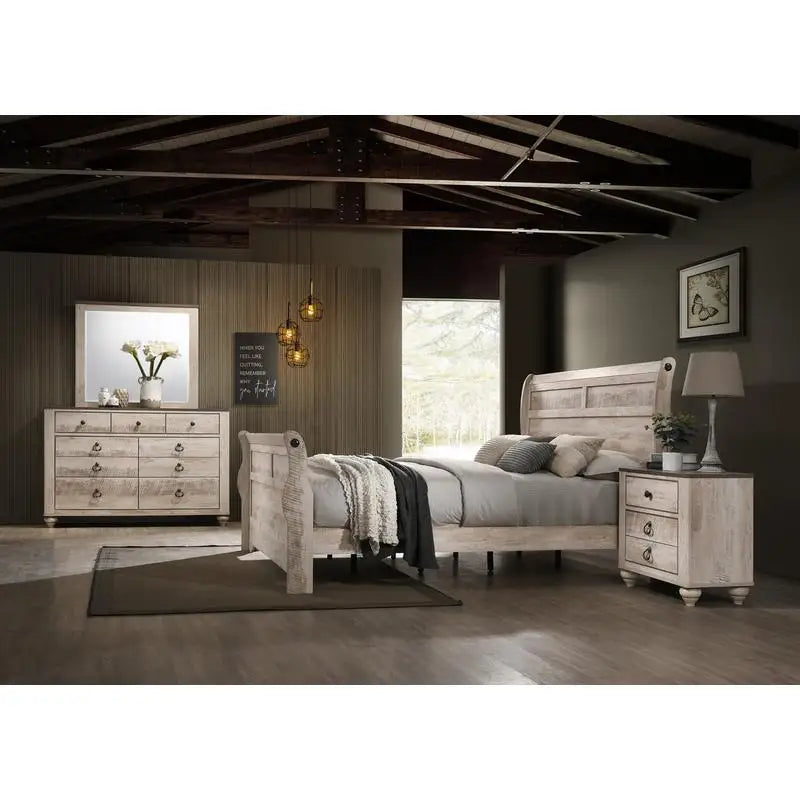 General Use Sleigh Bed Set With Dresser And Mirror Nightstands