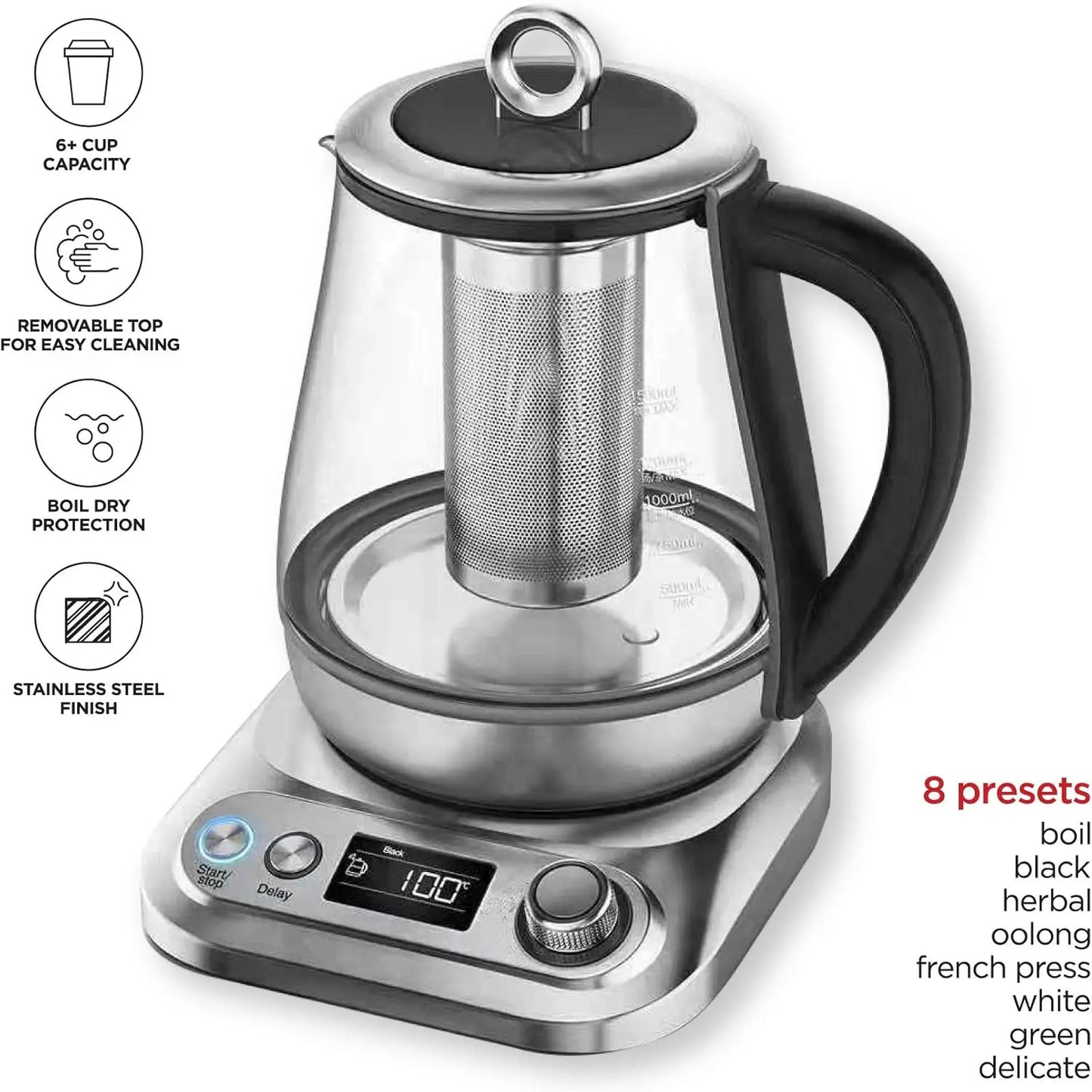 XMSJ Digital Glass Kettle With Removable Infuser And 8 Presets