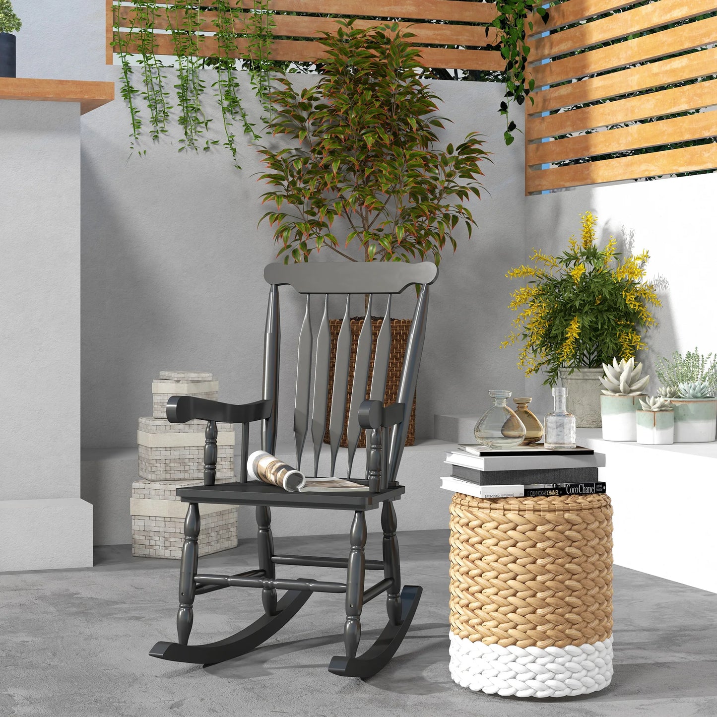 Outsunny Outdoor Wood Rocking Chair With High Back For Patio