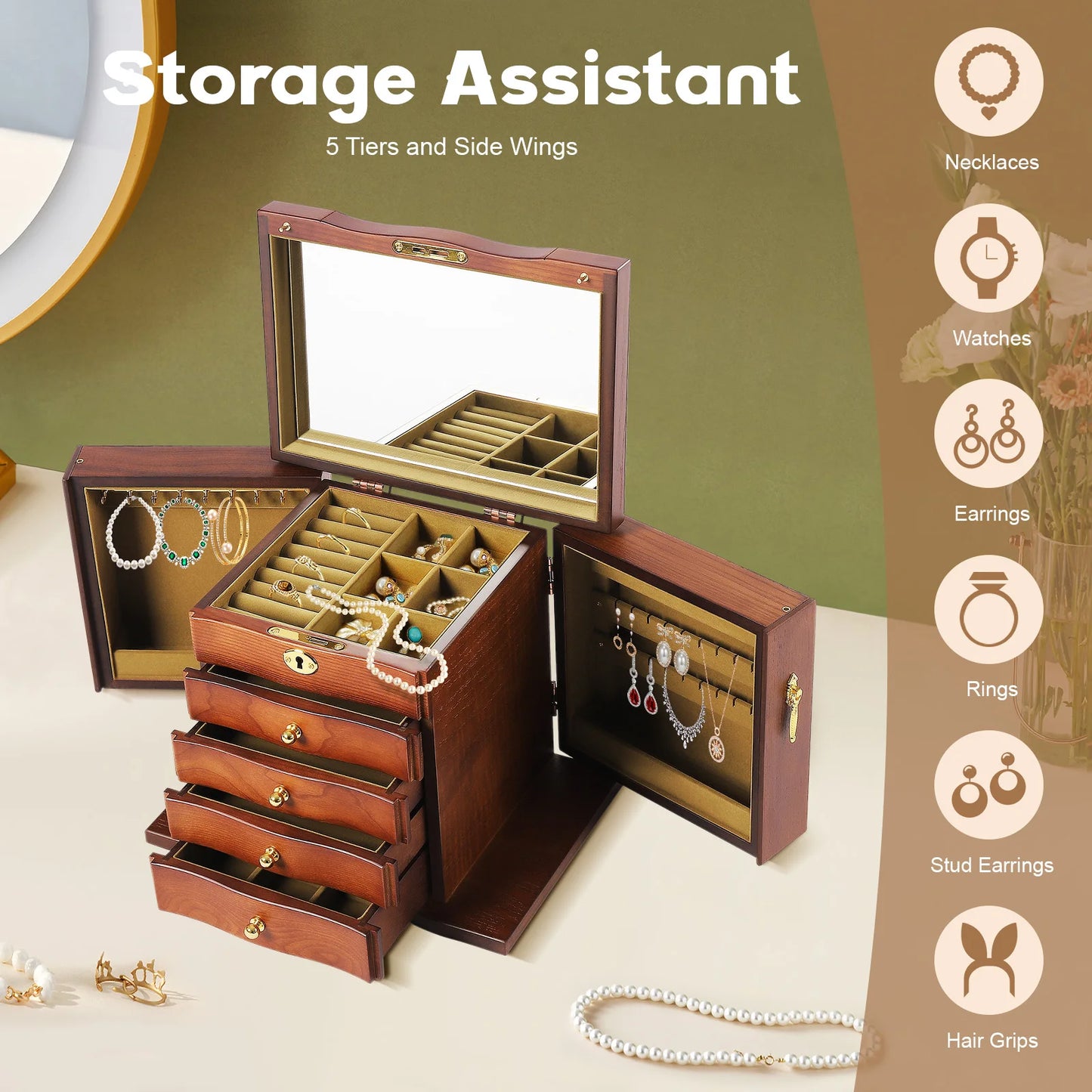 CN Zhejiang 5 Tier Retro Wooden Jewelry Box Mirror Lock