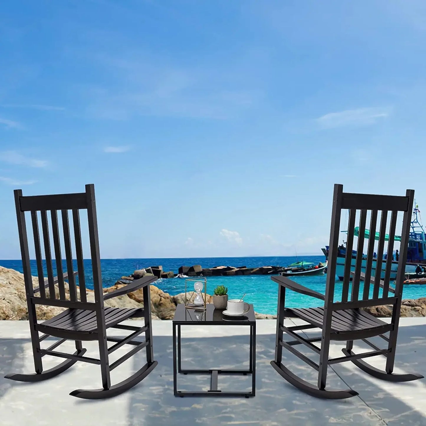 AuAg High Back Wood Porch Rocker Outdoor Rocking Chair