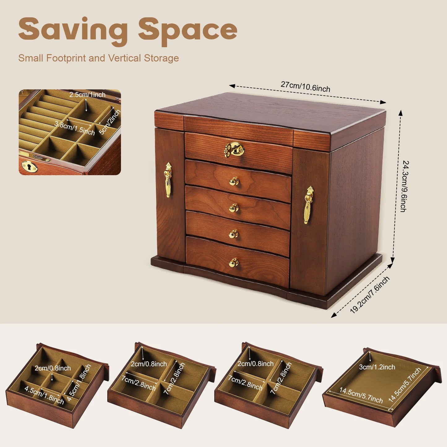 CN Zhejiang 5 Tier Retro Wooden Jewelry Box Mirror Lock